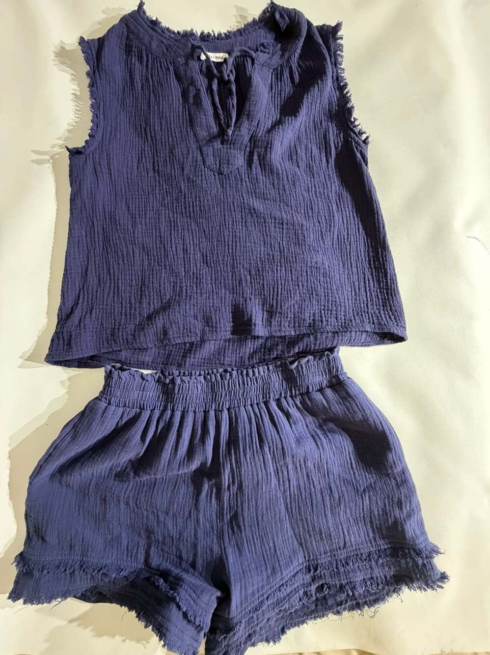 day + moon Navy Blue Gauze Fringe 2 Piece Short Set Womens Size M